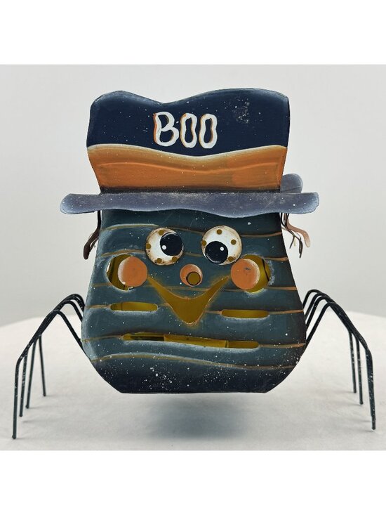 Unknown Other - Metal Spider Tealight Candle Holder 9"x8" Halloween "Boo" Hat Spooky Glow Black